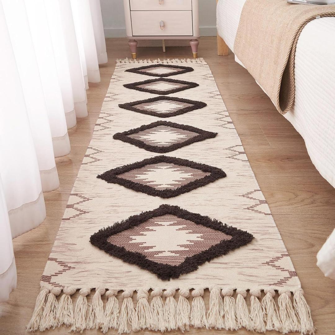 Boho Runner Rug 2'x6', Washable Hallway Farmhouse Area Rug, Kitchen Floor Mat with Tassels, Tufted Cotton Woven Entryway Carpet, Brown