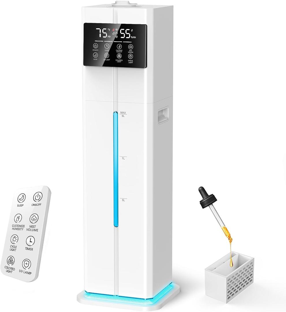 Cool Mist Humidifiers for Bedroom, Ultrasonic 2.4Gal 9L Quiet Top-Fill, Easy Clean with Essential Oil Tray, 360Nozzle, 4 Speed, Remote, 60H Runtime, for Baby, Adults, Plants, Home, House, Large Room (white)