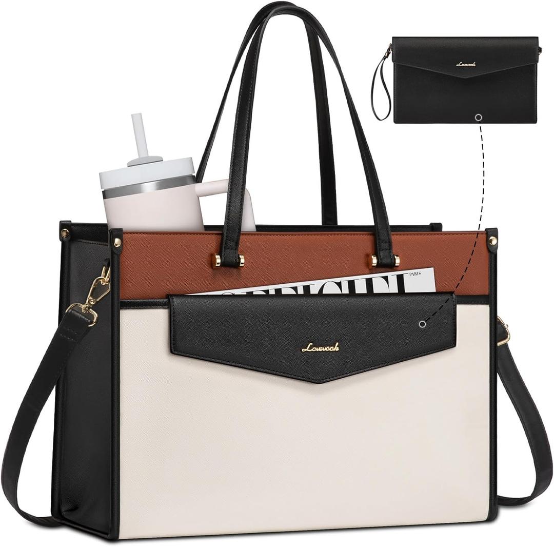 LOVEVOOK Laptop Bag for Women, 15.6'' Laptop Tote Purse 2-in-1 Professional Work Bag Business Briefcase with Clutch Purse, Waterproof Leather Computer Handbag for Teacher Office Travel (Black White Brown)