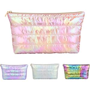 Hiroyuki Iridescent Makeup Bag, 14 inches Cosmetic Bag, Large Capacity Travel-Friendly Pouch (Plain, Pink)