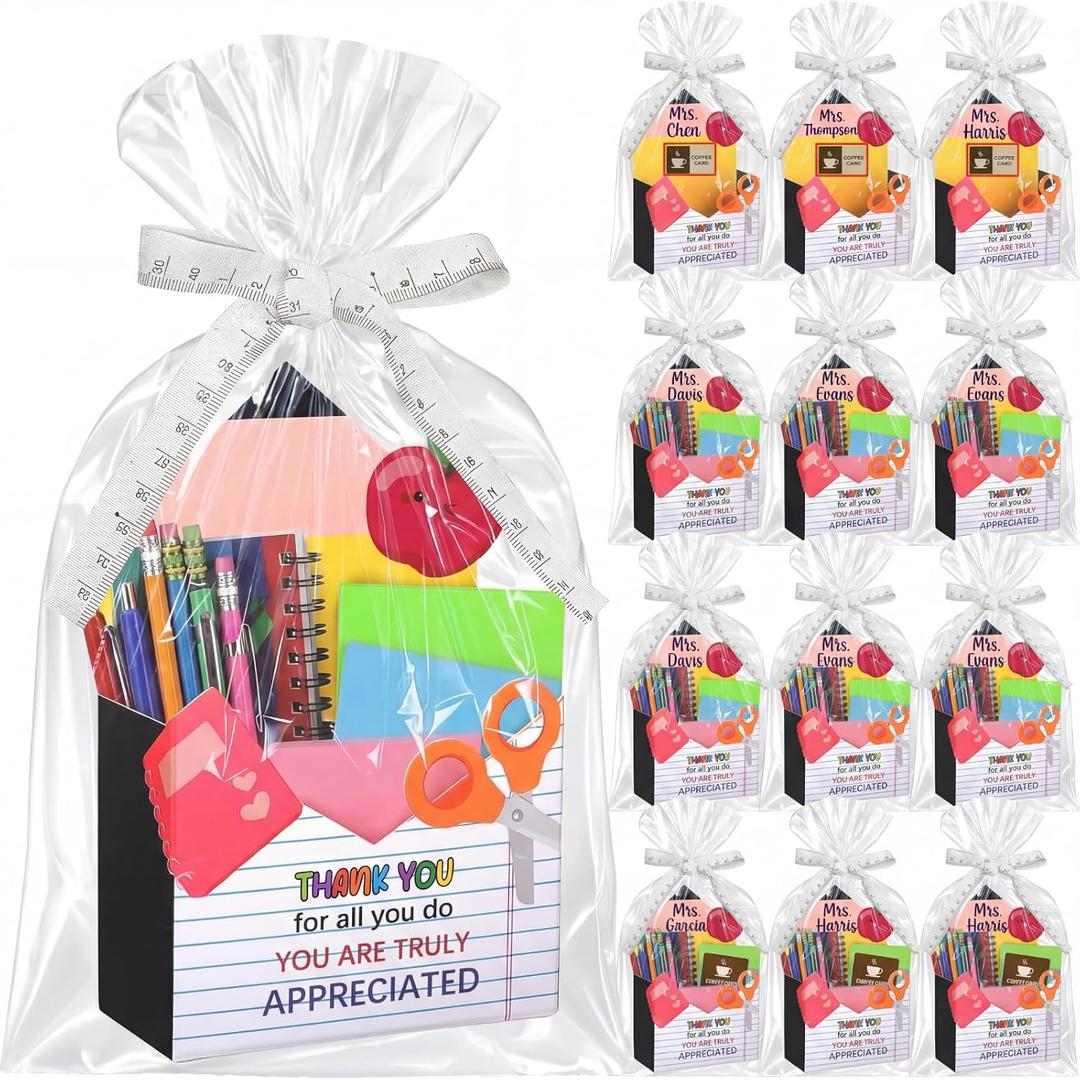 Eaasty 12 Pack Teacher Appreciation Gifts Bulk, Thank You Teacher Gift Boxes with Ribbon Cards, Foldable Pencil Design Paper Basket for End of Year Party Decorations (Pencil)