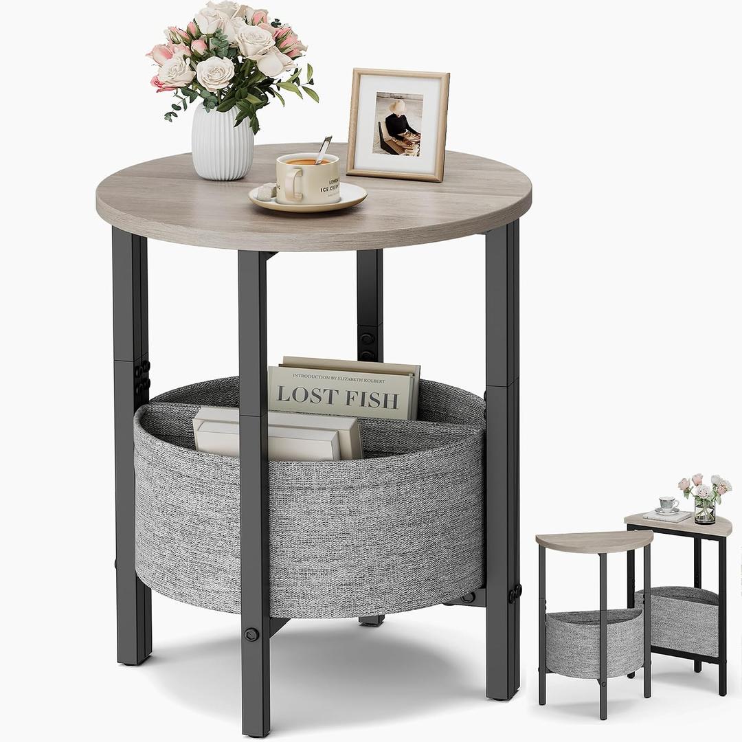 Small Round Side Table End Table, Tall Accent Table with Storage Basket, Set of 2 Half Round Tables Half Moon Tables, Coffee Bedside Tables, Modern Nightstand for Living Room Bedroom, Gray, 15.8''D x 15.8''W x 24.8''H