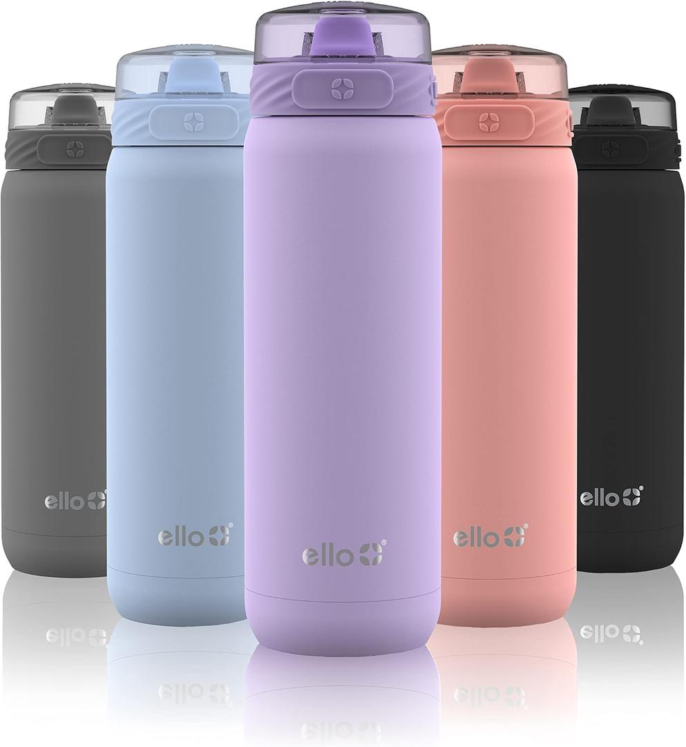 Ello Cooper 18oz Kids Stainless Steel Water Bottle with Straw and Carry Handle, Double Walled and Vacuum Insulated Metal, Leak Proof Locking Lid with Soft Silicone Spout, Reusable, BPA Free, Lilac