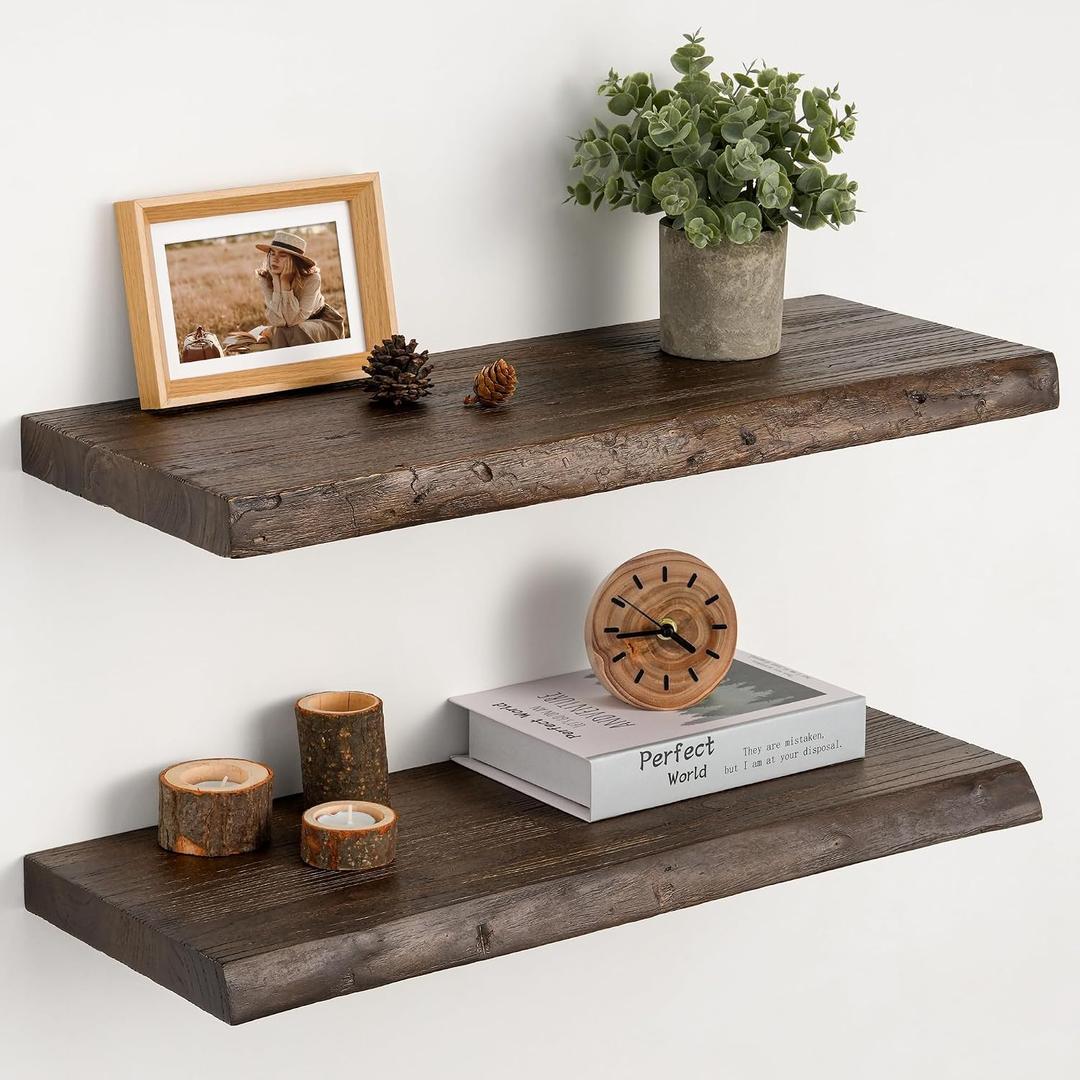 Floating Shelves Set of 2, Solid Elm Wood Wall Shelves 24 Inch - Invisible Bracket Mount for Living Room, Bedroom, Kitchen, Bathroom - Brown, Live Edge, 24"L, 2 Packs