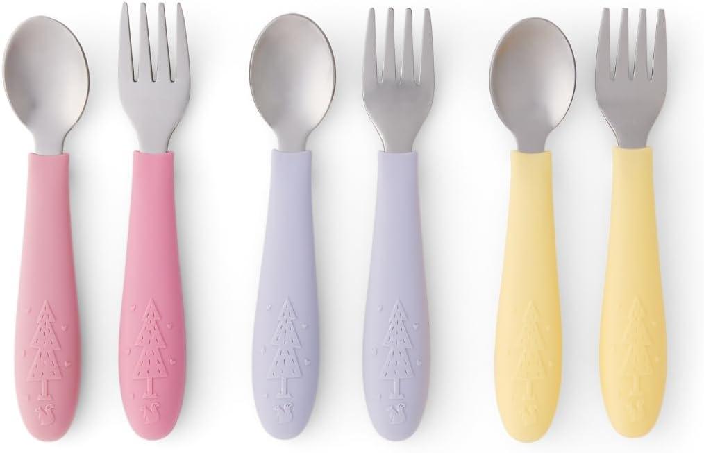 Elk and Friends Kids Silverware with Silicone Handle | Childrens Safe Flatware | Toddler Utensils | Baby Spoons + Forks | Stainless Steel Cutlery | Dishwasher Safe | 6 Pieces (Blush/Lilac/Lemon)