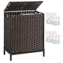 Laundry Hamper with Lid, 112 L Handwoven Rattan Wicker Laundry Basket, 2 Removable Liner Bags Metal Heightened Feet, 6 Mesh Bags, 2 Section Large Clothes Hamper for Bathroom Bedroom, Brown