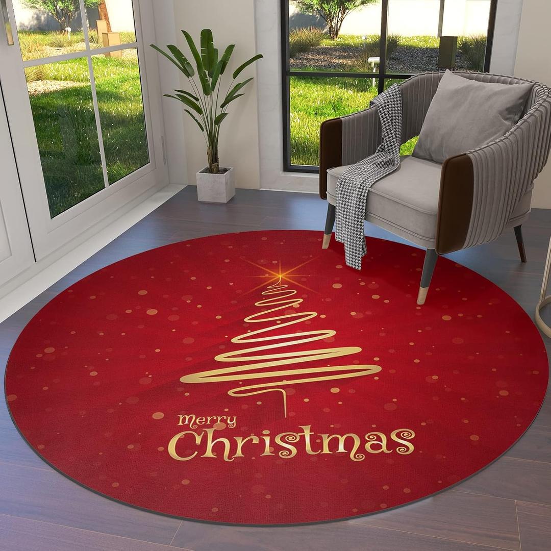 Merry Christmas Tree Area Rug Round Rugs 4ft Red Gold Collection Area Runner Circle Rug Non-Slip Washable Carpets Kids Living Room Bedroom Bathroom Indoor Outdoor Nursery Rugs Dcor