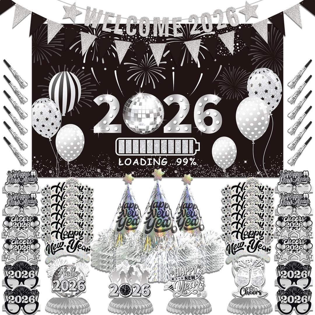 2026 New Year Eve Party Supplies for 24 Guests - New Years Decorations Silver, Large Happy New Year 2026 Banner , Glitter Cone Hats , Welcome Banner, Headwear, Eyeglasses Honeycomb Centerpieces