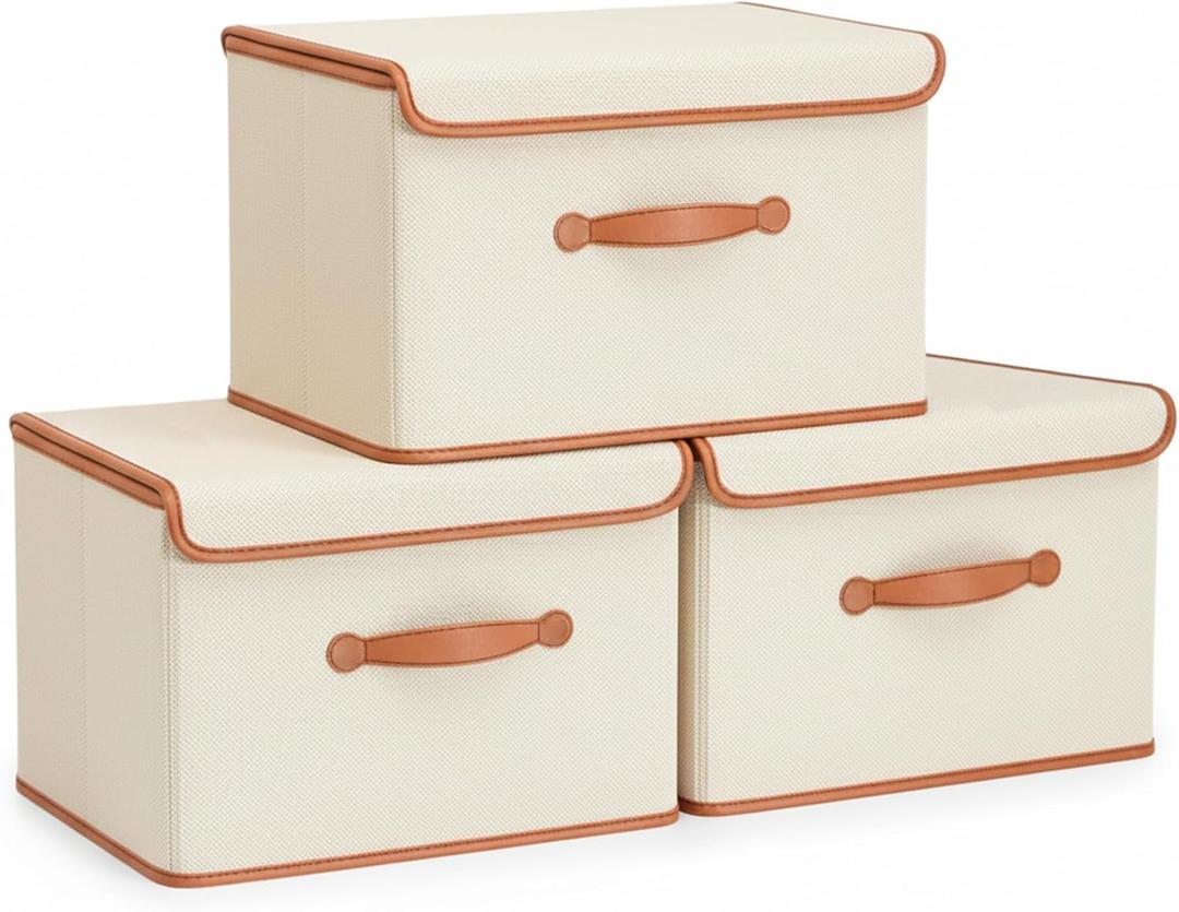 Storage Box with Lid Decorative Foldable Lidded Organizer Bin with PU Leather Handle 3-Pack Fabric Storage Cubes Container for Closet Bedroom Kitchen Office Organization15*10 * 10 Inches