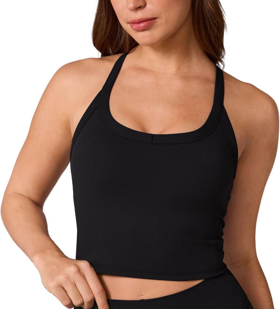 UNISSU Hugcurve Racerback Longline Sports Bra for Women Scoop Neck with Built in Bra Yoga Tank Crop Tops Padded Camisole (Medium, Black)