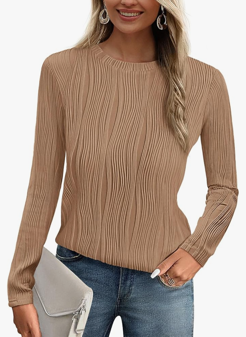 Long Sleeve Tops for Women Spring Fall Trendy Business Dressy Casual Shirts Crewneck Textured Blouse Clothes, XL