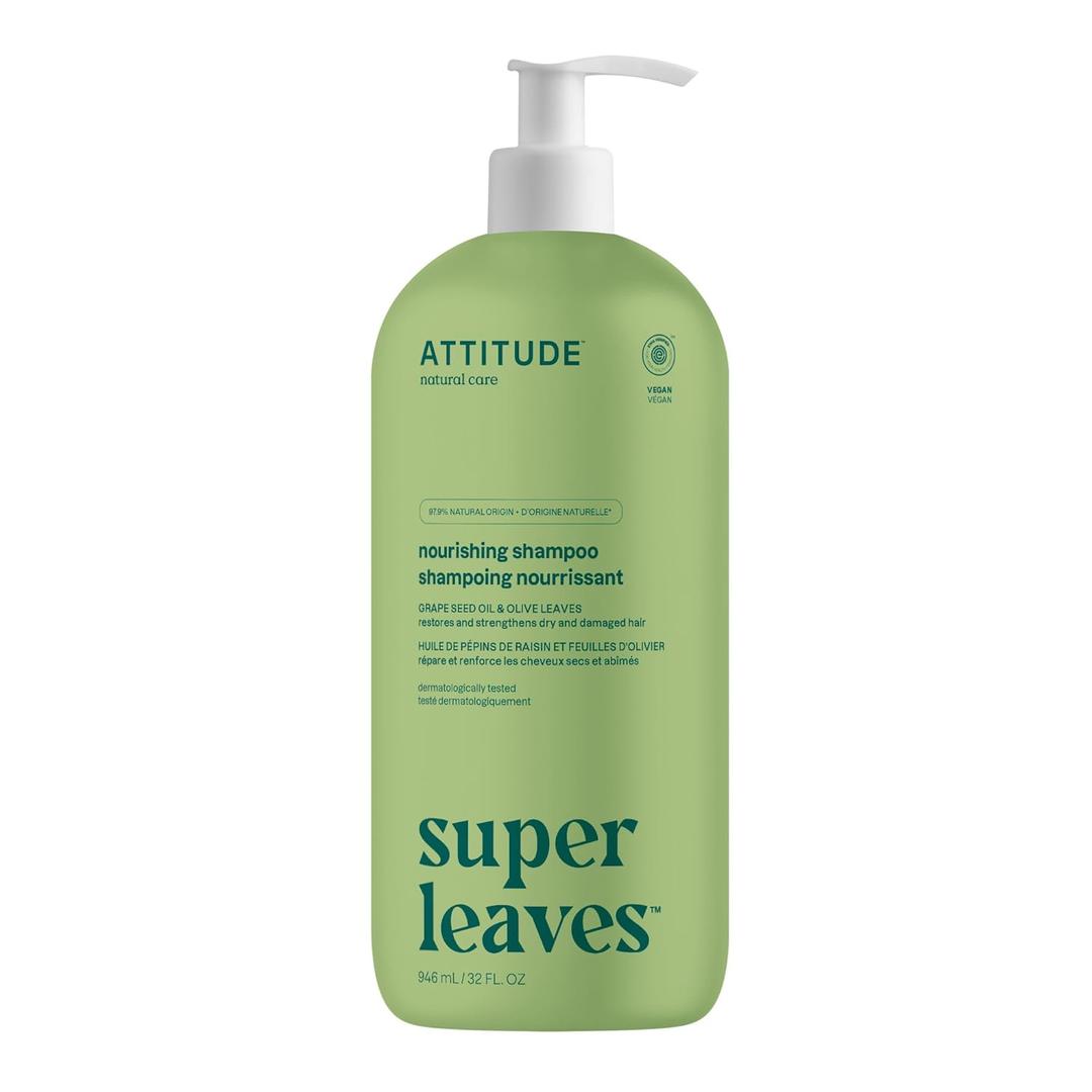 ATTITUDE Nourishing Hair Shampoo, EWG Verified, For Dry and Damaged Hair, Naturally Derived Ingredients, Vegan and Plant Based, Grapeseed Oil and Olive Leaves, 32 Fl Oz