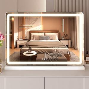 Sweetcrispy 22"x32" LED Vanity Mirror with Lights, Dimmable 3 Color Modes Makeup Mirror with Memory Function, USB Charging, Aluminum Frame, Lighted Mirror for Desk or Bedroom