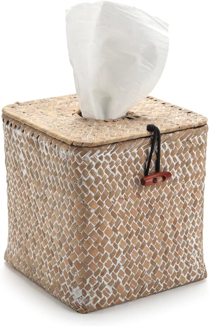 Seagrass Square Tissue Box Cover Woven Napkin Holder Decorative for Bathroom Farmhouse (Whitewash, 5.5 x 5.5 x 5.5 Inch)