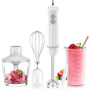 Bonsenkitchen Hand Blender, Immersion Blender with 2 Mixing Speed, 4-In-1 Stainless Steel Handheld Stick Mixer with Egg Whisk, Beaker & Chopper Bowl, for Baby Food, Soups, Smoothies, White