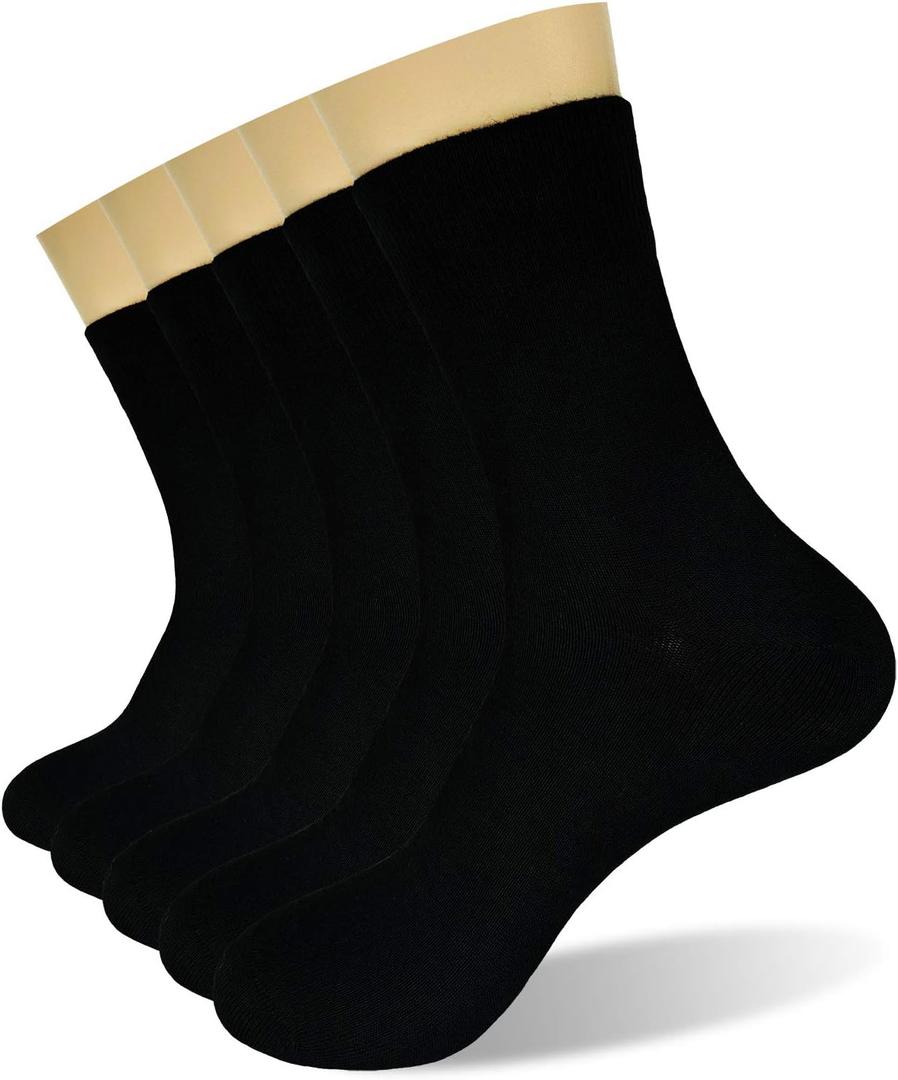 Ait fish Men's Loose Cuff 100% Cotton Crew Socks Lightweight Plain Dress Socks Black 5 Pairs, Men Shoe Size 6-10