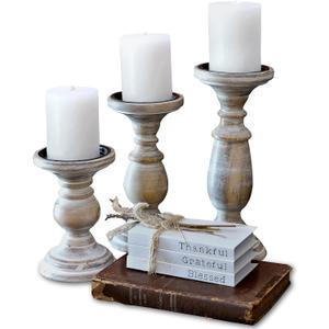 Candle Holders for Pillar Candles, Wooden Candleholders Table Centerpiece, Pillar Candle Holders Set of 3, Wood Rustic Farmhouse Fireplace White