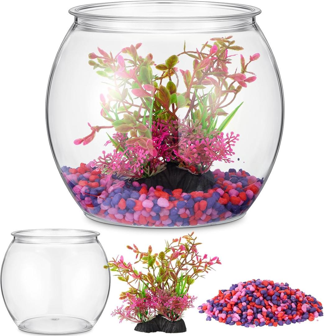 1 Gallon Fish Tank with Artificial Plastic Plants and 1 lb Decorative Gravel, Plastic Small Fish Bowl Clear Round Goldfish Betta Tank for Table Centerpiece Home Decor