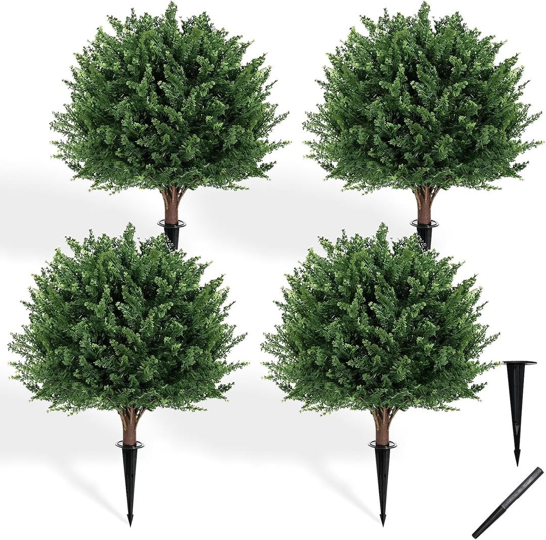 23.5" Artificial Cypress Trees Set of 4 UV Resistant Cedar Evergreen | Set of 4 UV-resistant 23.5" faux cypress trees. Realistic cedar evergreen shrubs for indoor outdoor porch garden yard decor.