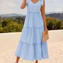 ZESICA Womens 2026 Summer Spaghetti Strap Midi Dresses Casual Tie Shoulder V Neck Flowy A Line Tiered Beach Long Dresses (Blue, S)