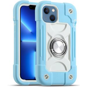MARKILL Compatible with iPhone 14 Case/iPhone 13 Case 6.1 Inch with Built-in Ring Stand, Military Grade Drop Protection Full Body Rugged Heavy Duty Protective Durable Cover. (Ice Blue)