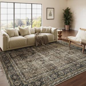 Vintage Area Rug 5x7 Brown Washable Living Room Large Carpet Non Slip Bedroom Indoor Office Low Pile Traditional Distressed Retro Accent Rug for Dining Room Bathroom Kitchen
