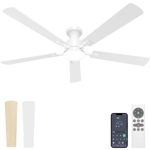 VOLISUN 60 Inch Ceiling Fan with Lights Flush Mount, Low Profile Ceiling Fans with Lights, Remote&APP Control,Dimmable 22W LED Light,Queit&Reversible Fan, White Ceilings Fans for Bedroom, Living Room