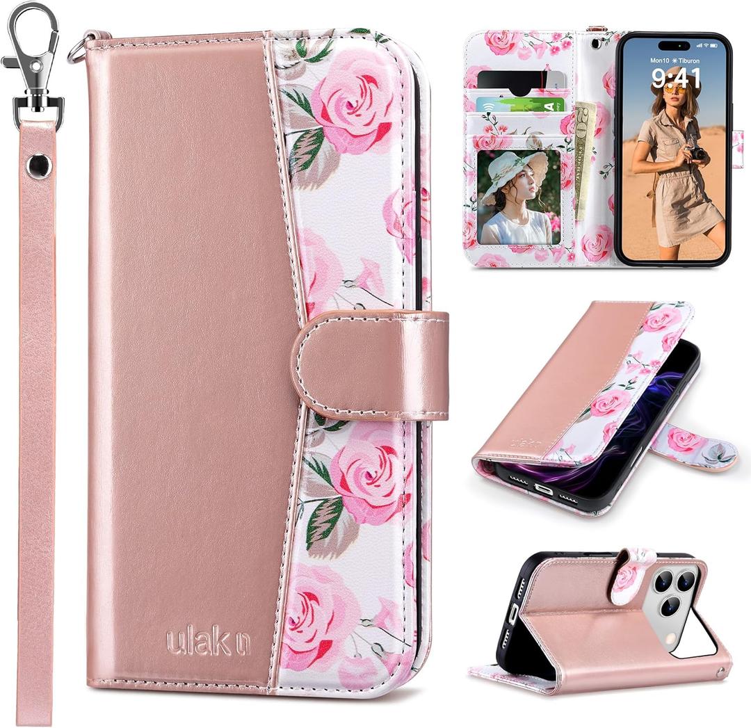 ULAK Compatible with iPhone 17 Pro Wallet Case with Card Holder, PU Leather Case with Kickstand Card Slots Wrist Strap, Durable Shockproof Protective Cover 6.3 Inch, Rose Pink Floral