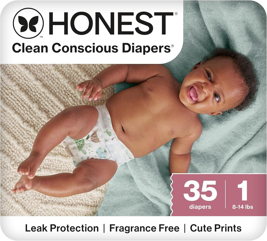 The Honest Company Clean Conscious Diapers for Sensitive Skin, Up to 100% Leakproof, Hypoallergenic, Fragrance Free, Turtle Time, Polybag, Size 1 (8-14 lbs), 35 Count