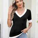 AKEWEI Womens V Neck Sweater Short Sleeve Lightweight Knit Spring Summer Tops with Decorative Buttons (Black, XL)