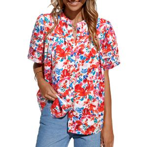 MASCOMODA Womens Tops Summer Boho Floral Short Sleeve Button Down Shirts Crewneck Loose Vacation Dressy Casual Work Blouses (S)