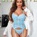 Avidlove Lingerie for Women Lace Corset and Panty Outfits Garter Lingerie Sets (Blue, S)