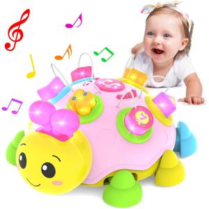 Baby Crawling Toys 6-12 Months, Musical Ladybug Crawling Toy for Infants 0-3-6 7 8 9 10 12-18 Months, Early Education Light Up Music Walking Toys, Shape Matching, Tummy Time Toys for Boy Girl Gift.(Pink)