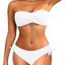 Women's Strapless Bandeau Bikini Set - Twist Front Two Piece Swimsuit Top with Side Tie Bathing Suit Bottom (White)