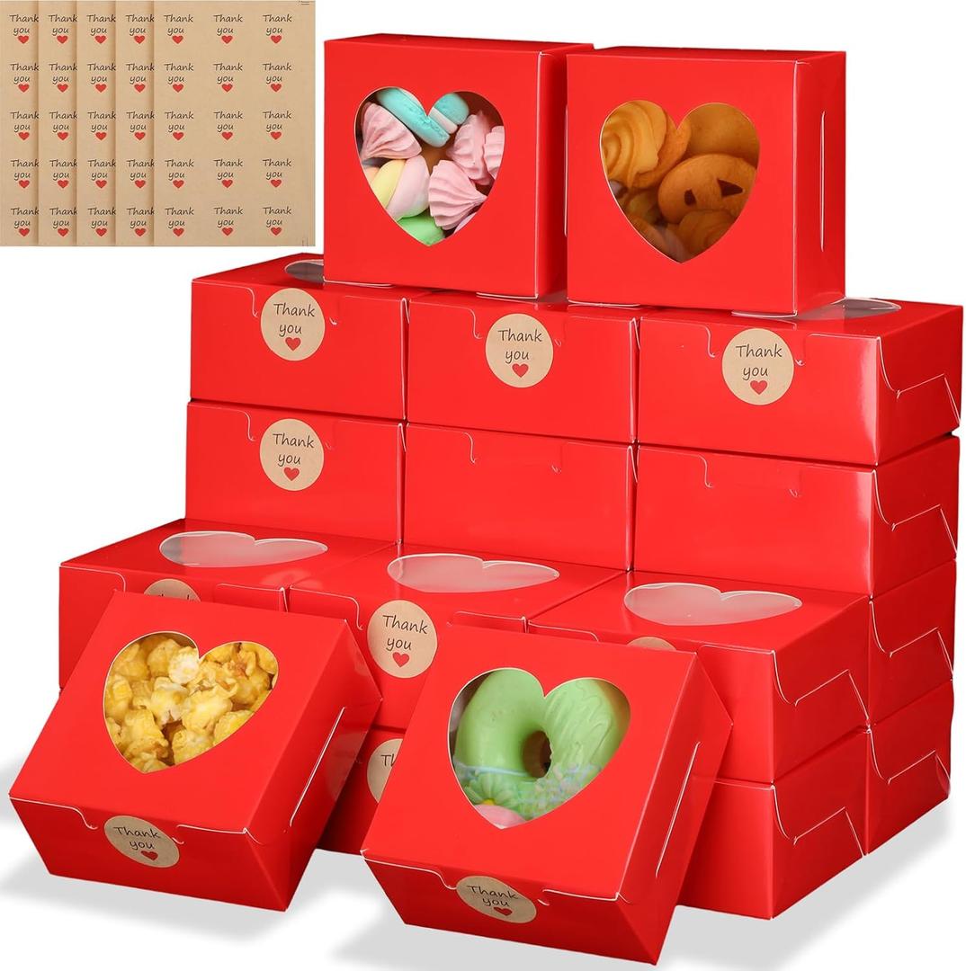 Janlaugh 50 Pcs Red Bakery Boxes for Women Mother with Window Heart Cupcake Treat Cookie Dessert Box Bulk Mom Gift for Chocolate Strawberries Donuts Candy Party Favor (4x4x2 Inch)