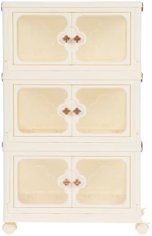 KEPSLERYZ 4-Tier Clear & Beige Storage Cabinet with Wheels - Foldable Plastic Organizer with Magnetic Doors, 11lbs per Shelf Capacity, Rolling Utility Cart for Bedroom, Bathroom & Nursery