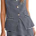 Simplee Women's Summer 2 Piece Outfits Striped Sleeveless Two Piece Sets Button Down Vacation vest tops Skirt with Pockets(Striped Navy L)