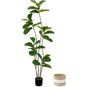 Artificial Fiddle Leaf Fig Tree 6FT with Cotton Basket | Faux Large Trees Fake Plants Tall Tree with 5 Sturdy Trunks, Indoor Artificial Plant Ficus Lifelike for Home Decor Office