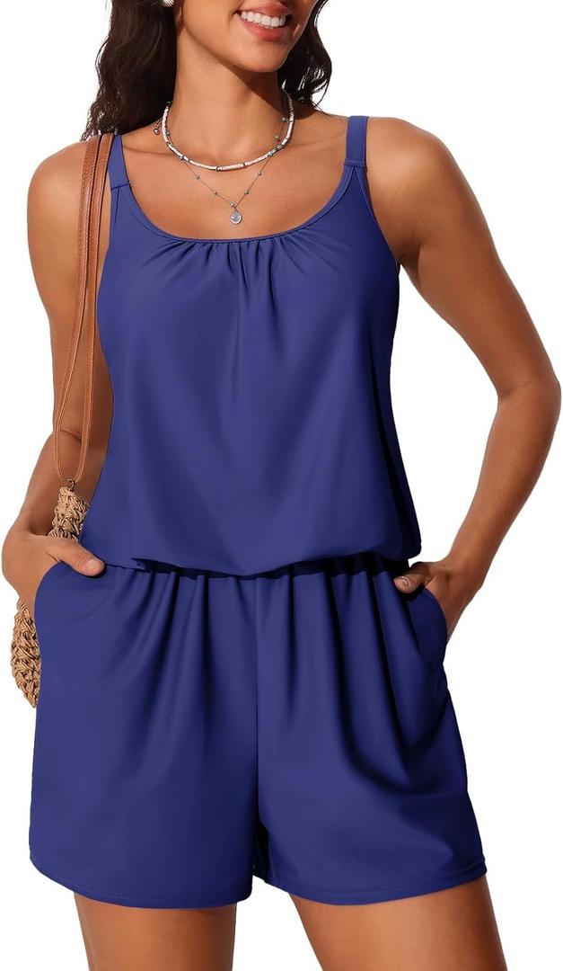 Summer Mae Swim Romper Women's One Piece Swimsuits with Pockets 2025 Blouson Modest Bathing Suits (16, Navy Blue)