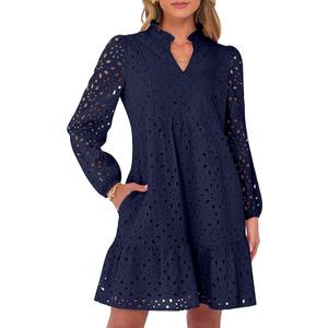 Long Sleeve V Neck Dresses for Women Eyelet Hollow Out Business Casual Tiered 2026 Fall Mini Dress with Pockets, XL