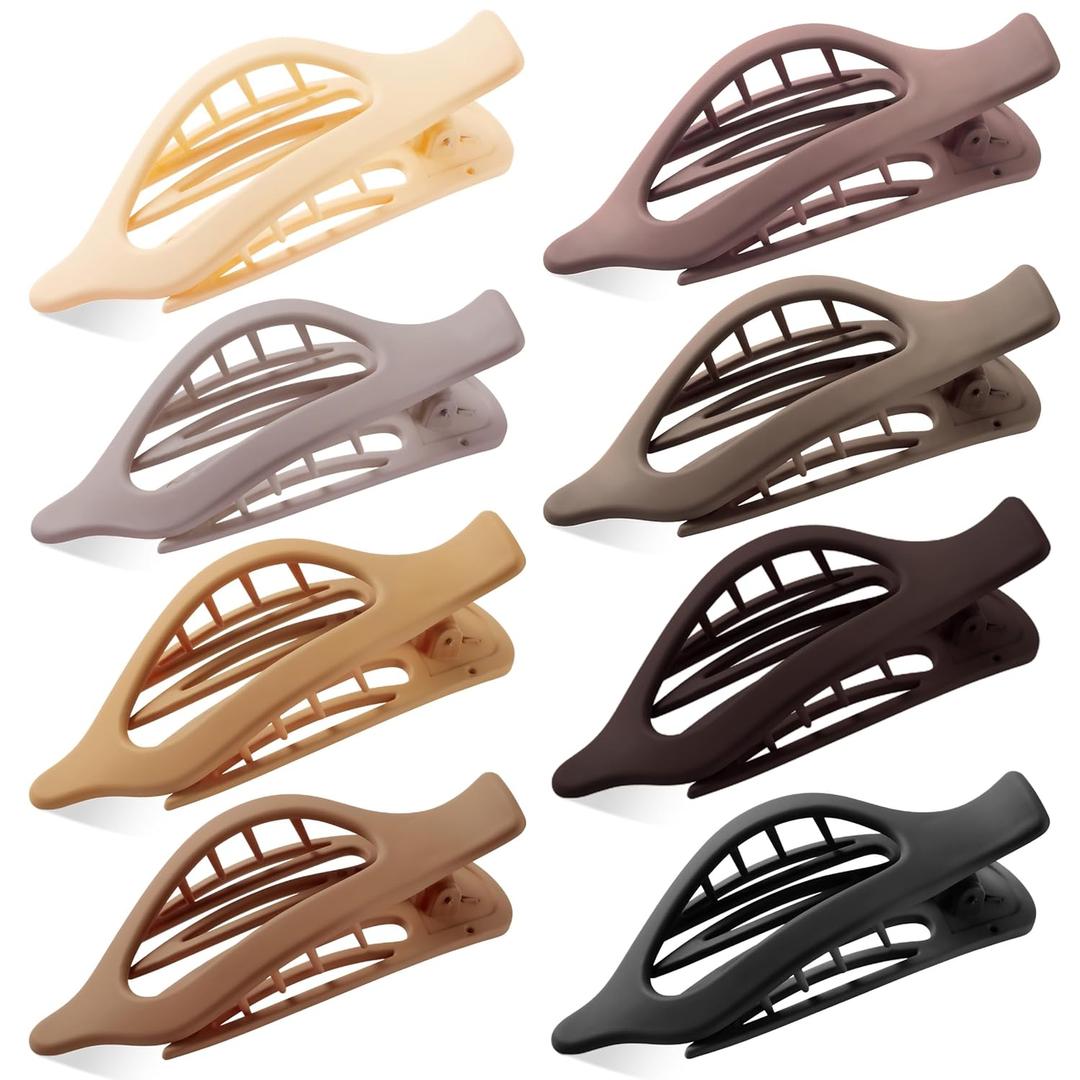 Flat Hair Clips for Women, 8 Pack French Concord Claw Clips for Medium Curly Hair, Strong Hold No Slip Grip Hair Claw Clips,mother's day gifts, Neutral Colors D (Black, Grey,Khaki, White, Brown,Dark GreyLight Gray)