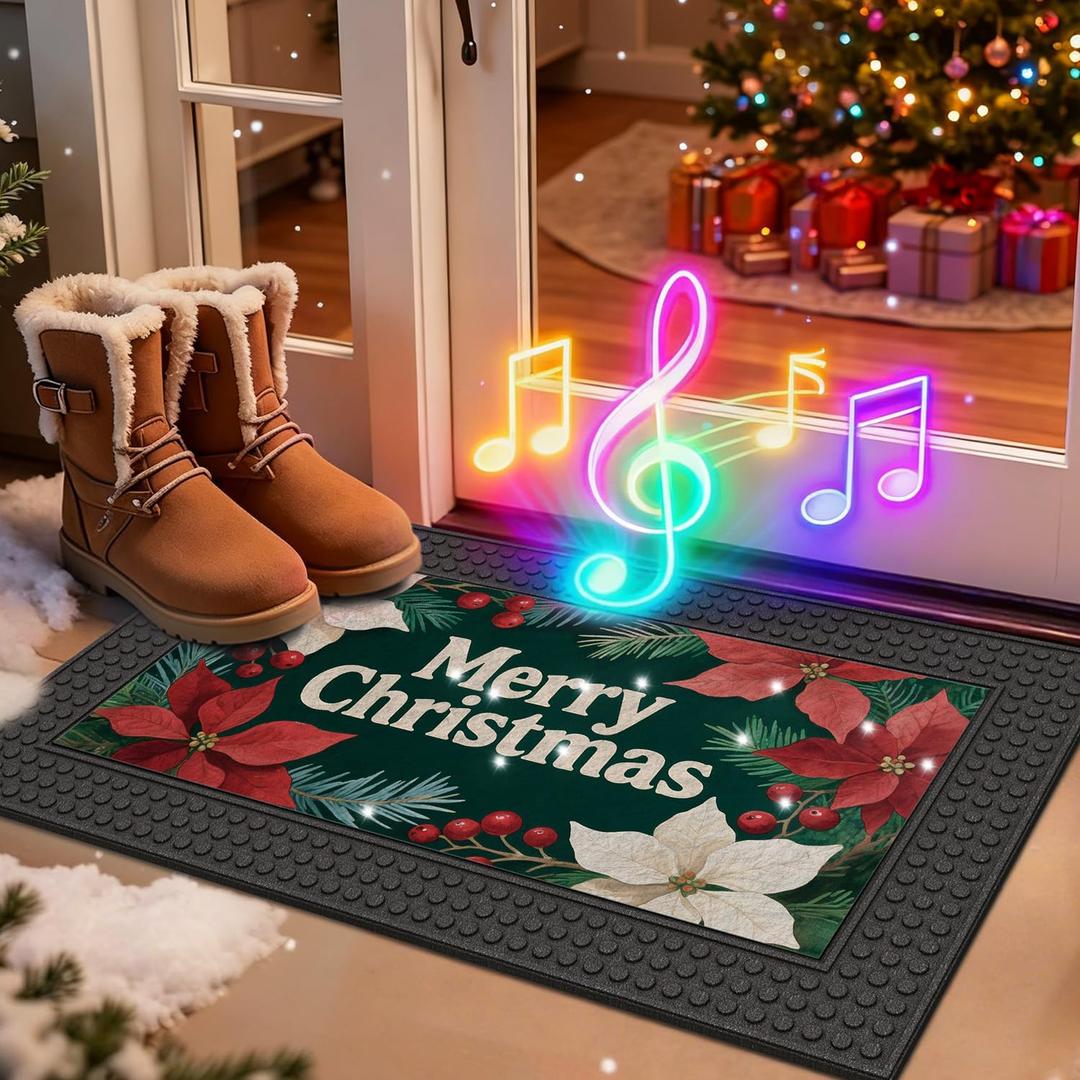 LUMI Merry Christmas Doormat with Lights & Music, 17x30 Funny Xmas Door Mat for Indoor Outdoor Decorations, Durable Non Slip Rubber Backing Welcome Mat, Christmas Flowers