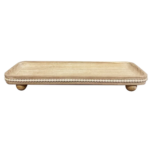 Oval Wooden Decorative Tray, Farmhouse Style, Beaded Serving Tray for Living Room, Coffee Table (White Wash)