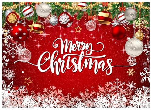 WOLADA Merry Christmas Photography Backdrop Red Glitter Background Snowflakes Pine Branches for Christmas Party Family Portrait Holiday Photoshoots Studio Props 7x5FT FW73