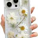 LSEEKA for iPhone 16 Pro Clear Case with Pressed Real Flowers Design,Glitter Cute White Floral Pattern Slim Soft TPU Protective Women Girl's Phone Cover for iPhone 16 Pro