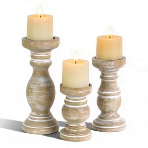 NIKKY HOME Farmhouse Solid Wood Pillar Candle Holders Set of 3, Brown
