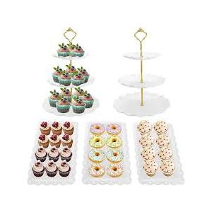 5 Pack Dessert Table Display Set, 2 Sets 3 Tier Cupcake Stand, 3 Pcs Food Serving Trays, Tiered White Plastic Cup Cake Tower for Birthday Baby Shower Wedding and Tea Party Supplies (5, Large)