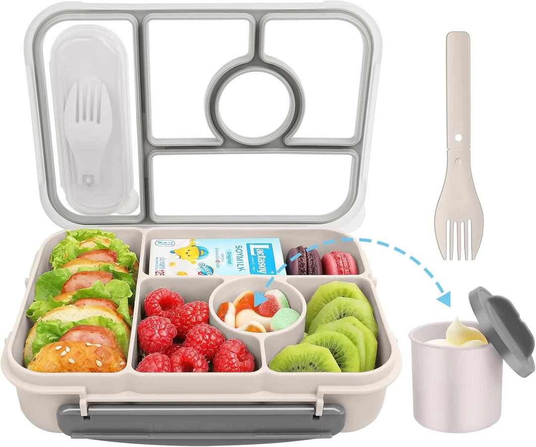 Lunch Box for Adults/Kids/Toddler,5 Compartments Bento Lunch Containers with Sauce Vontainers,Microwave & Dishwasher & Freezer Safe,BPA Free(White)