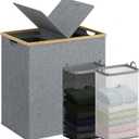 efluky Laundry Hamper with Lid, Double Laundry Hamper with 2 Removable Bags, 2 Section Laundry Basket with Bamboo Handles for Bathroom, Bedroom & Laundry Room, 140L (36.9 Gallon) Blue Grey