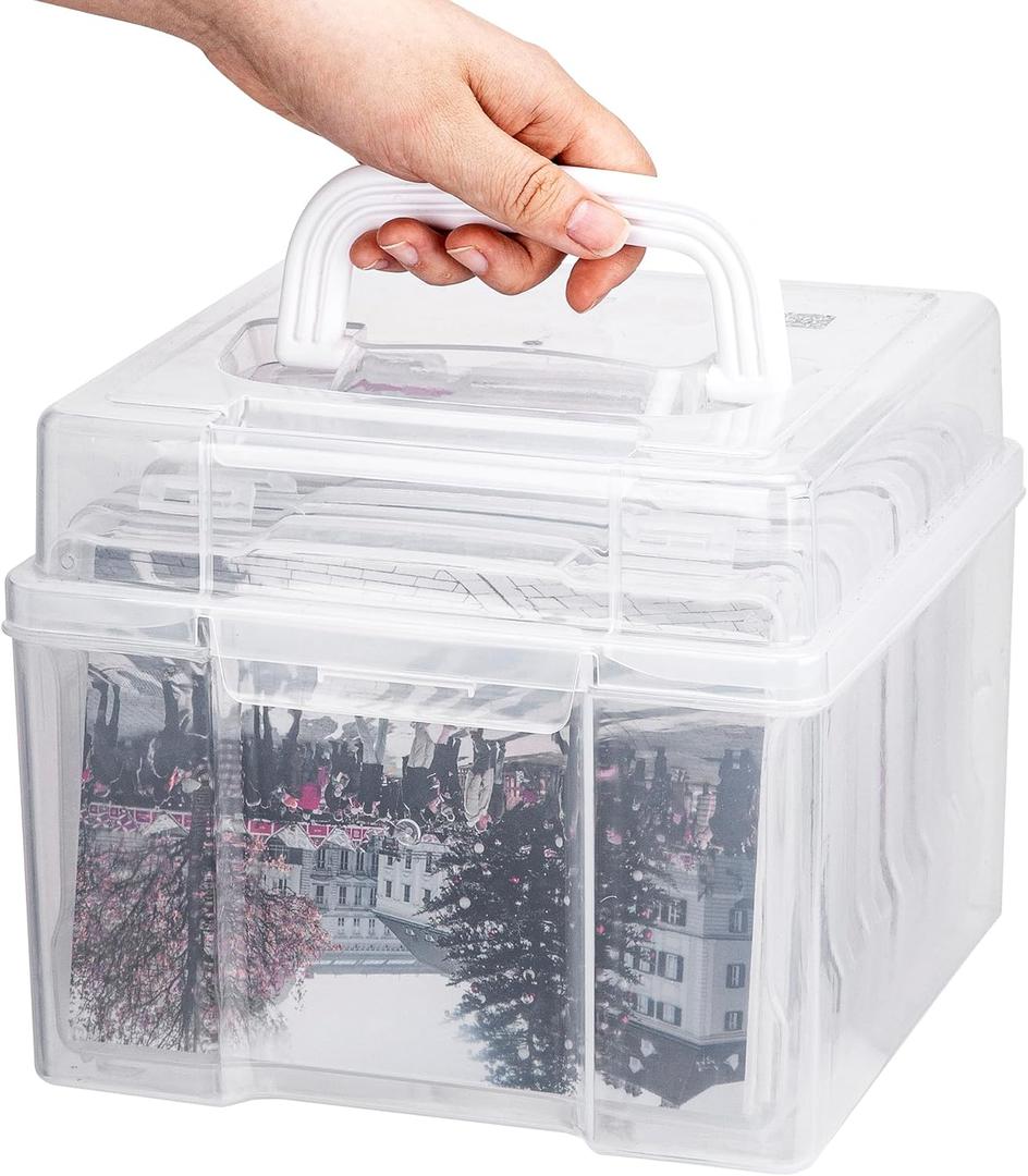 Photo Organizers and Storage 5x7 with Handle, 6 Inner Plastic Photo Storage Box, Dustproof Picture Containers for Index Cards, Stamps, Crafts, Seeds, Sticker Storage (Transparent)